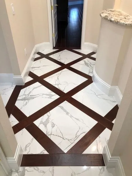 Marble and walnut inlaid entry floor